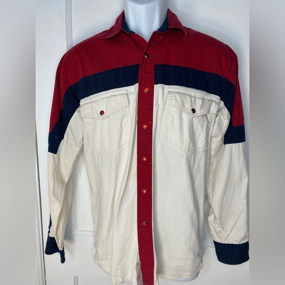 Wrangler Vintage 90’s Red, White, and Blue Western Shirt w Red Pearl Snaps